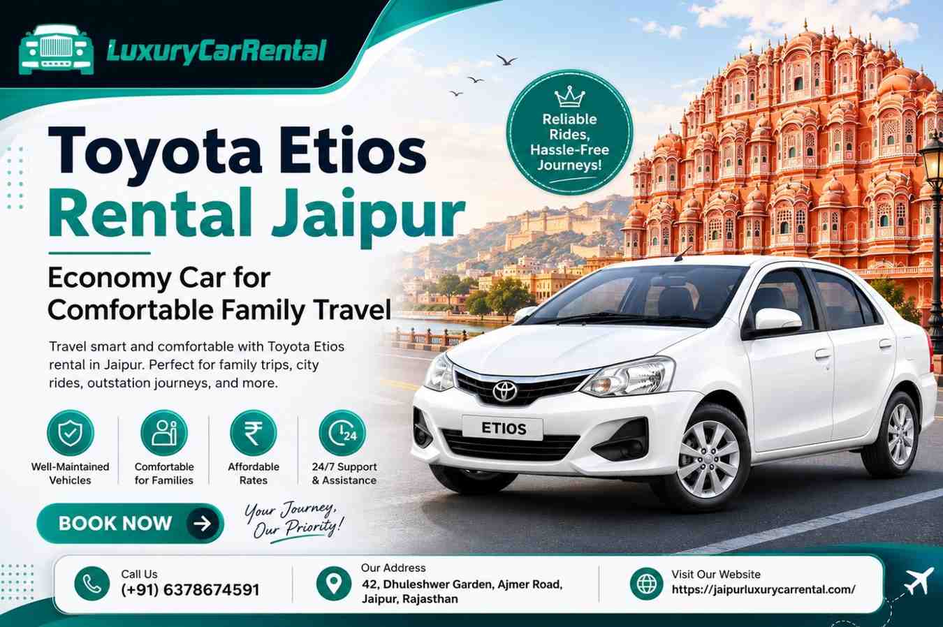 Toyota Etios Rental Jaipur – Economy Car for Comfortable Family Travel